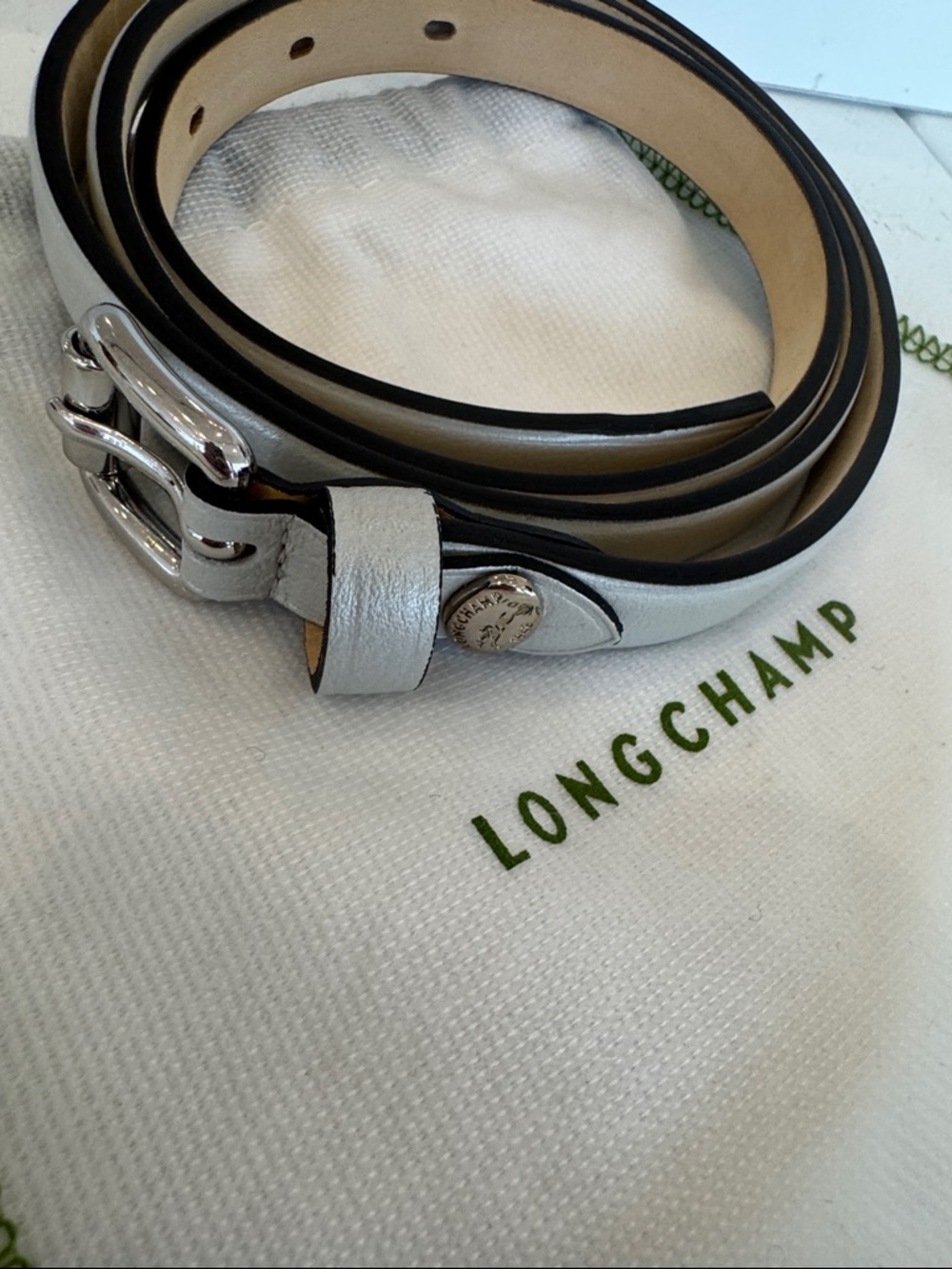 Longchamp silver Leather Belt with Silver Hardware